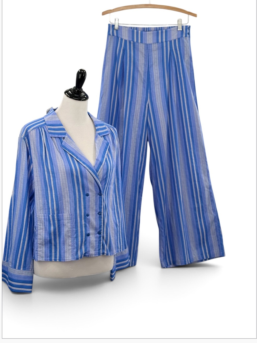 Free People Intimately Blue Striped Cotton Pajama Lounge Set Small Wide Leg
